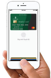 hand with iphone and Apple Pay and MemberCard showing